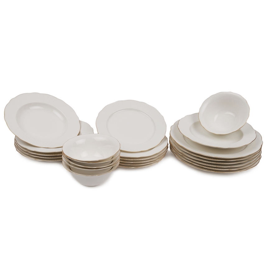 Conjunto de jantar de 24 peças, branco/dourado, em porcelana