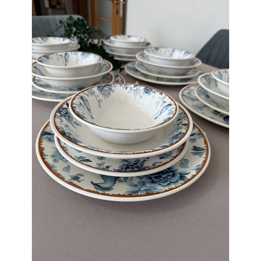 Conjunto de jantar de 24 peças em cerâmica — disponível em branco, azul e castanho