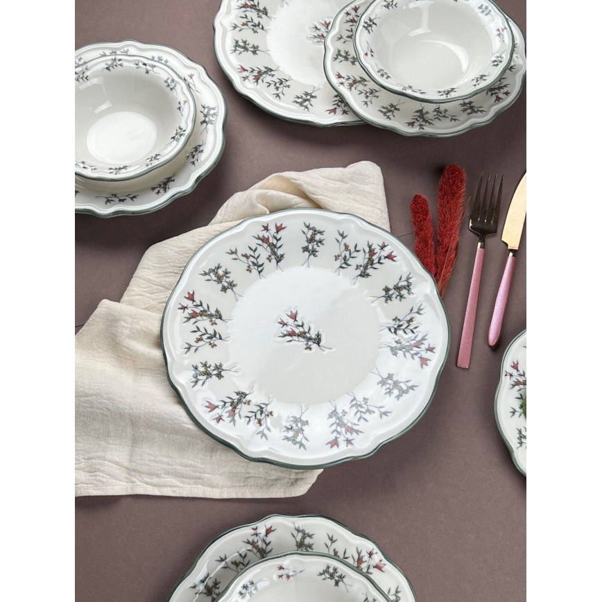 Conjunto de jantar de 24 peças em porcelana — branco e verde