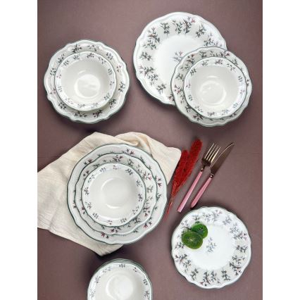 Conjunto de jantar de 24 peças em porcelana — branco e verde