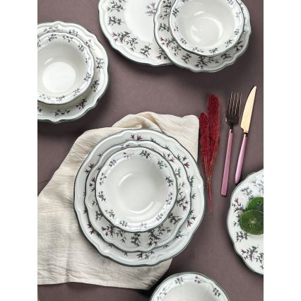 Conjunto de jantar de 24 peças em porcelana — branco e verde