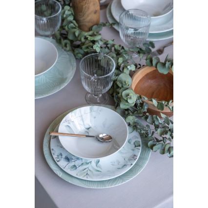 Conjunto de jantar de 24 peças – porcelana branca e verde