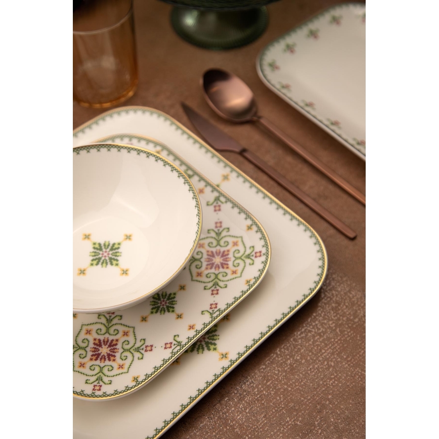 Conjunto de jantar de 26 peças em porcelana — branco e verde
