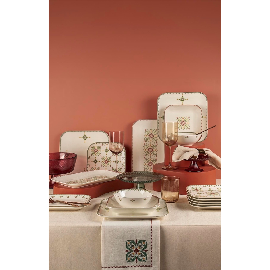 Conjunto de jantar de 26 peças em porcelana — branco e verde