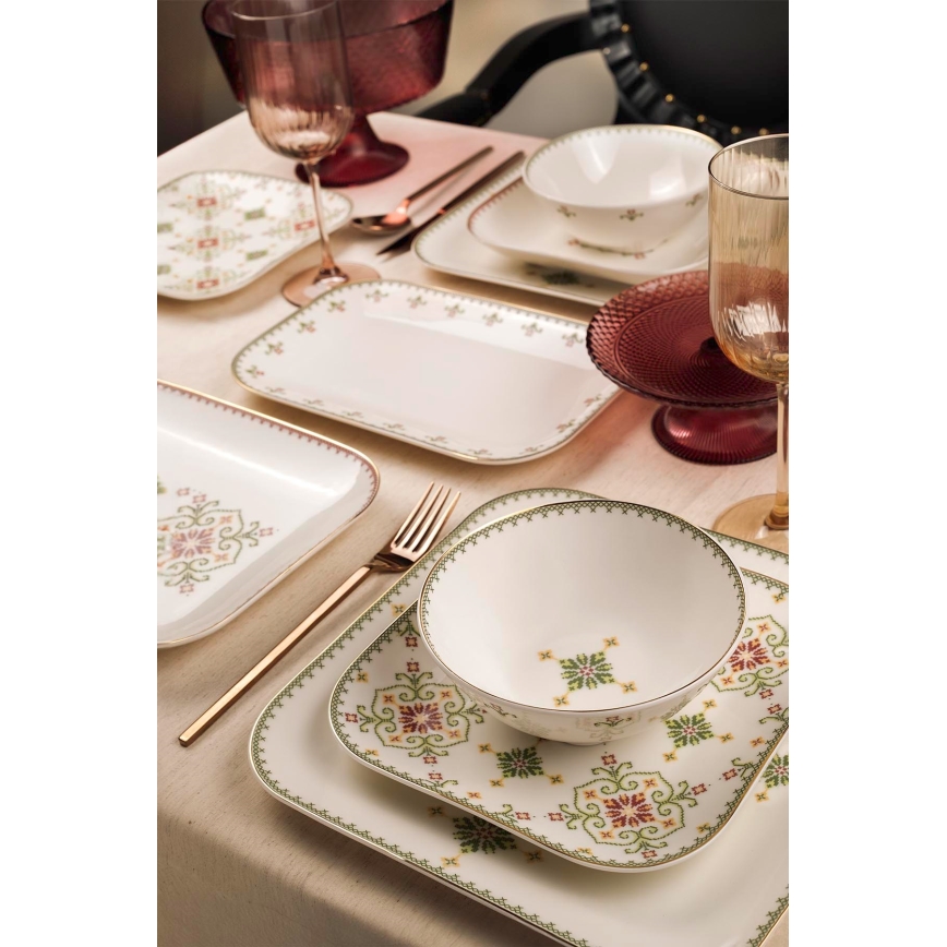 Conjunto de jantar de 26 peças em porcelana — branco e verde