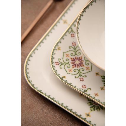 Conjunto de jantar de 26 peças em porcelana — branco e verde