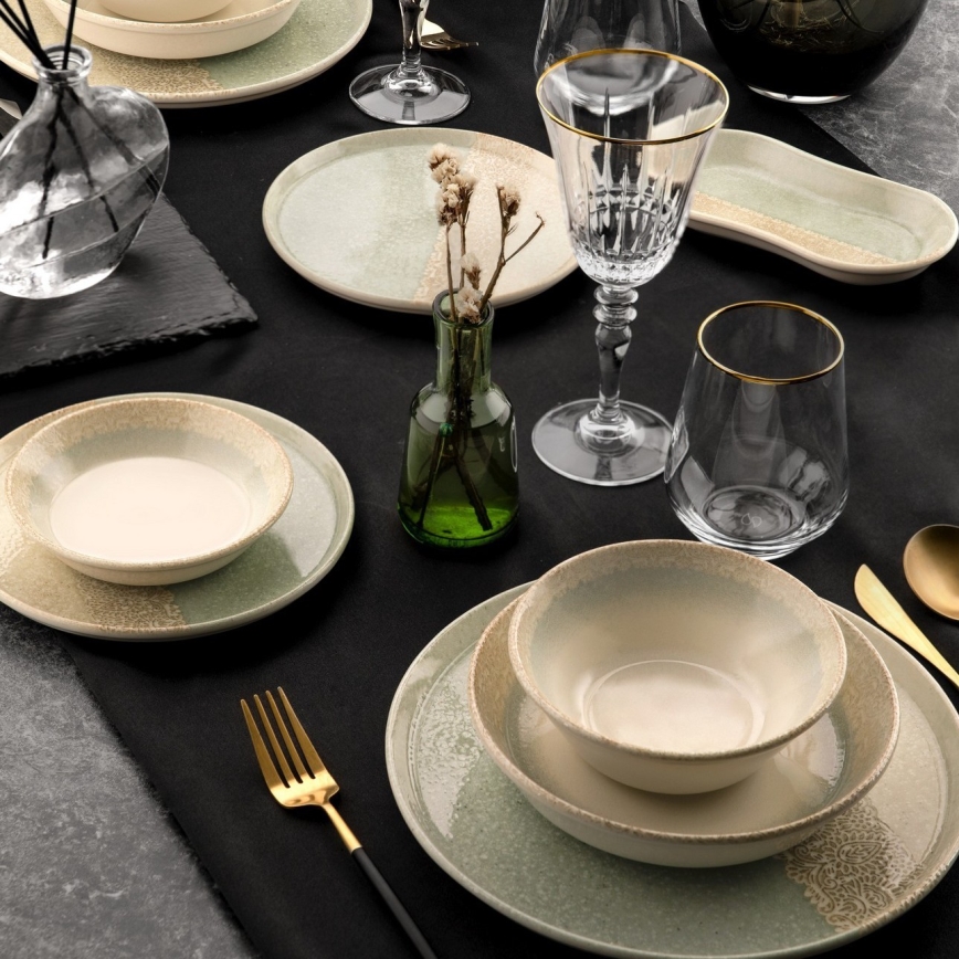 Conjunto de jantar de 27 peças em porcelana, bege e verde