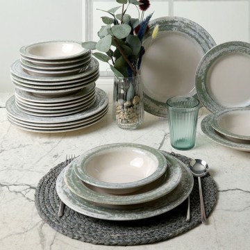 Conjunto de jantar em cerâmica, 24 peças — creme e verde