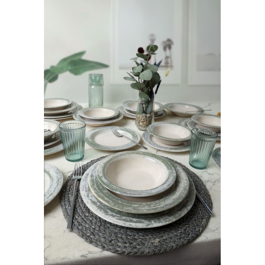 Conjunto de jantar em cerâmica, 24 peças — creme e verde