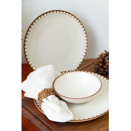 Conjunto de jantar em porcelana, 18 peças, branco/castanho