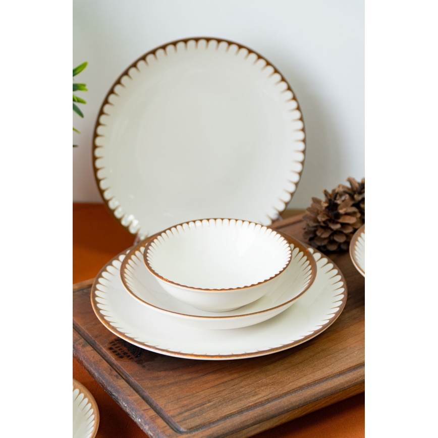 Conjunto de jantar em porcelana, 18 peças, branco/castanho