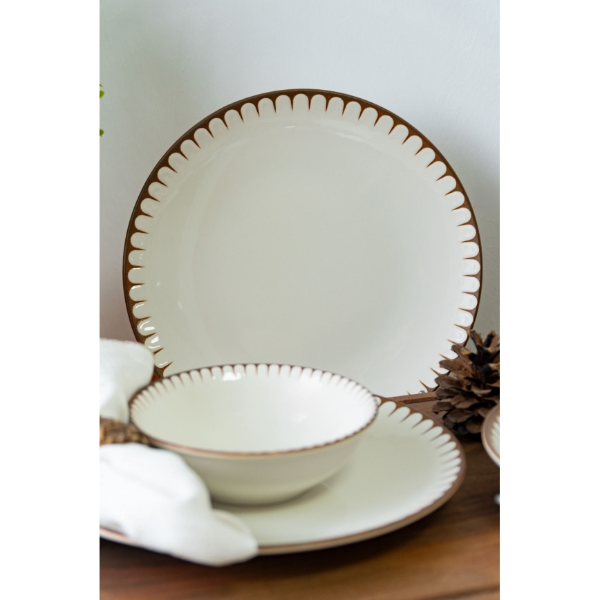 Conjunto de jantar em porcelana, 18 peças, branco/castanho