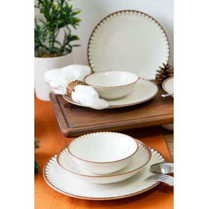 Conjunto de jantar em porcelana, 18 peças, branco/castanho
