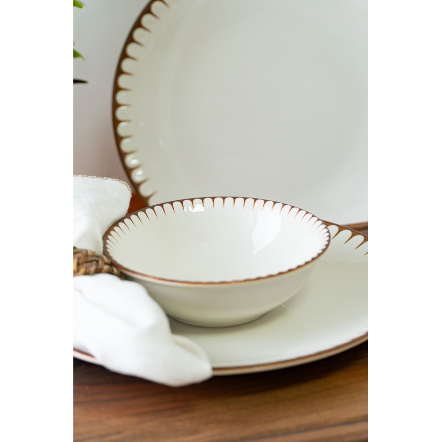 Conjunto de jantar em porcelana, 18 peças, branco/castanho