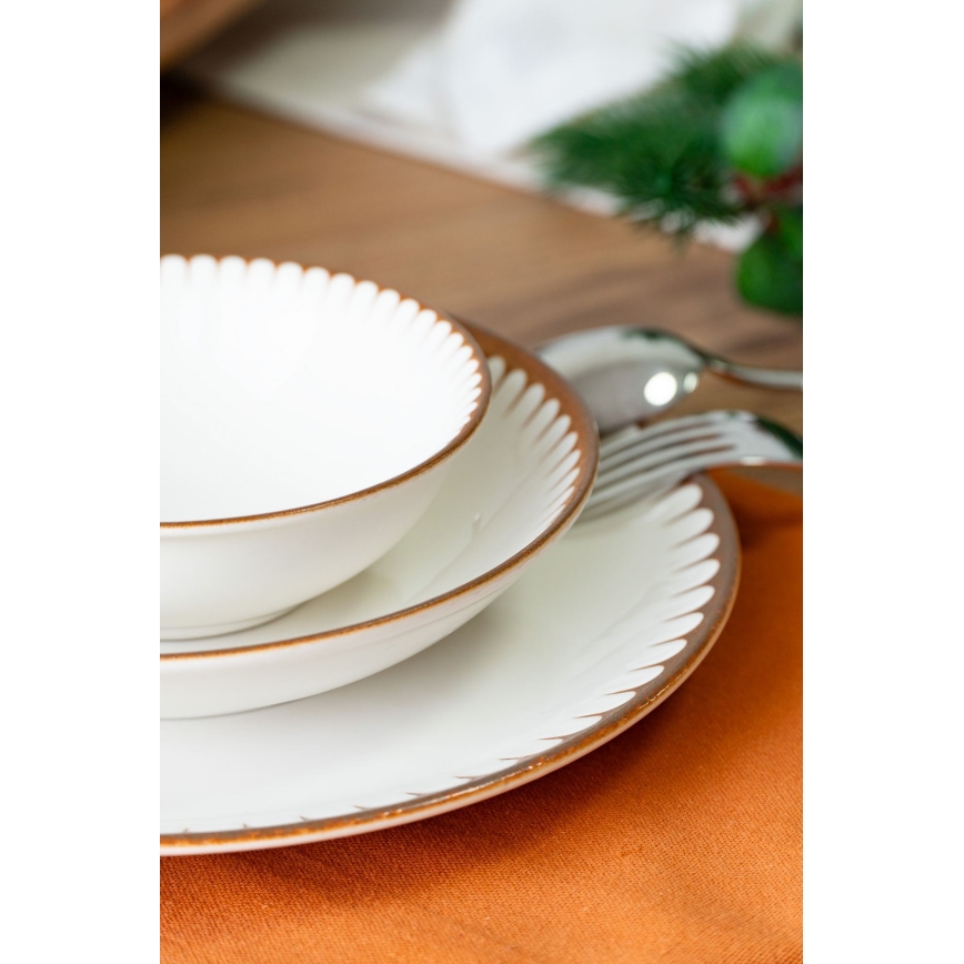 Conjunto de jantar em porcelana, 18 peças, branco/castanho