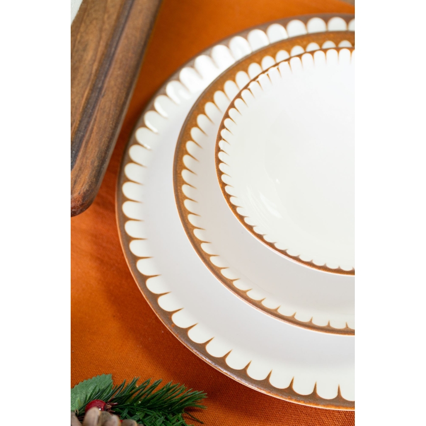 Conjunto de jantar em porcelana, 18 peças, branco/castanho