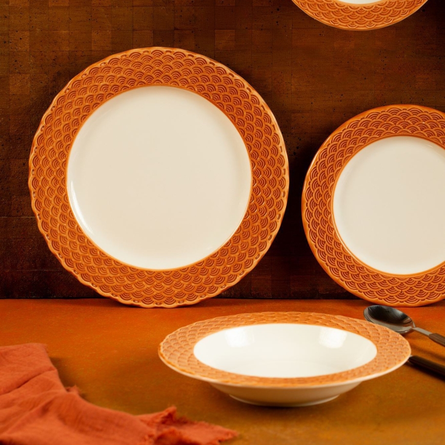 Conjunto de jantar em porcelana, 24 peças, branco/laranja