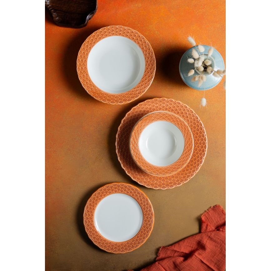 Conjunto de jantar em porcelana, 24 peças, branco/laranja