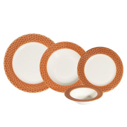 Conjunto de jantar em porcelana, 24 peças, branco/laranja