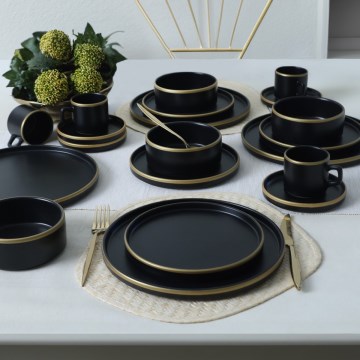Conjunto de loiça de jantar 20 peças, preto/dourado, em grés
