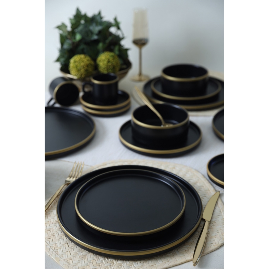 Conjunto de loiça de jantar 20 peças, preto/dourado, em grés