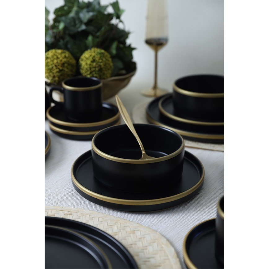 Conjunto de loiça de jantar 20 peças, preto/dourado, em grés