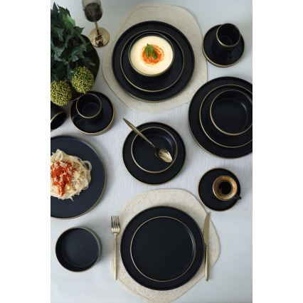 Conjunto de loiça de jantar 20 peças, preto/dourado, em grés