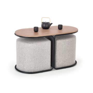 Conjunto de mesa de centro NILDO 90x45 cm + 2x pufe castanho/cinzento