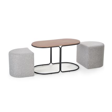 Conjunto de mesa de centro NILDO 90x45 cm + 2x pufe castanho/cinzento