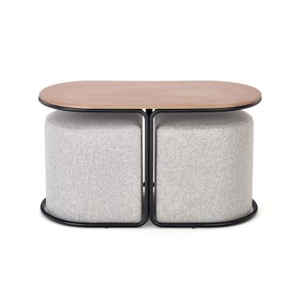 Conjunto de mesa de centro NILDO 90x45 cm + 2x pufe castanho/cinzento
