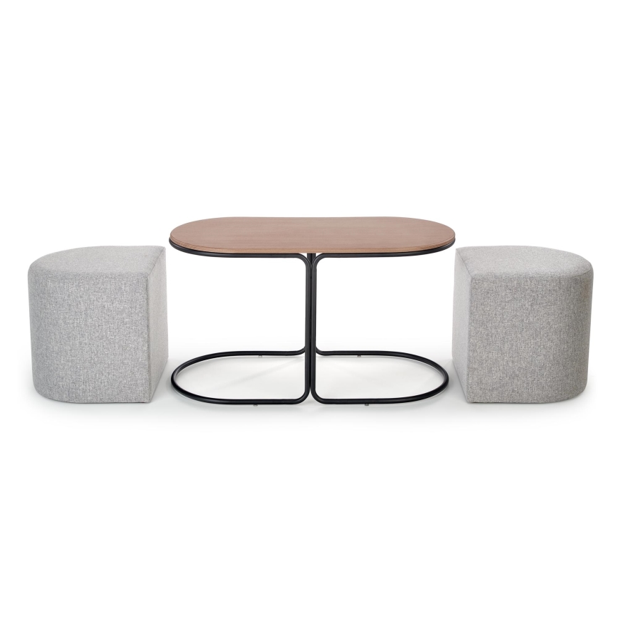 Conjunto de mesa de centro NILDO 90x45 cm + 2x pufe castanho/cinzento