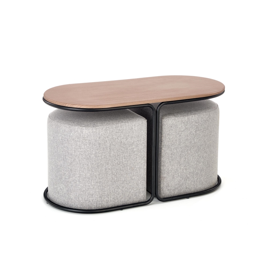 Conjunto de mesa de centro NILDO 90x45 cm + 2x pufe castanho/cinzento