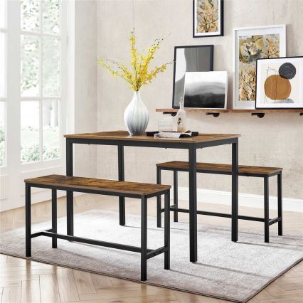 Conjunto: mesa de bar 110x70 cm + 2x bancos 97x30 cm TREVOR, castanho/preto