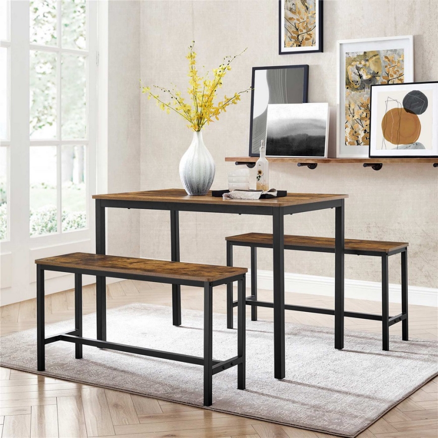 Conjunto: mesa de bar 110x70 cm + 2x bancos 97x30 cm TREVOR, castanho/preto