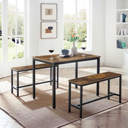 Conjunto: mesa de bar 110x70 cm + 2x bancos 97x30 cm TREVOR, castanho/preto