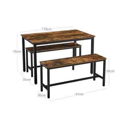 Conjunto: mesa de bar 110x70 cm + 2x bancos 97x30 cm TREVOR, castanho/preto