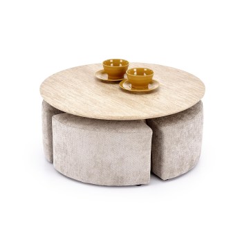 Conjunto mesa de centro NUGAT Ø 80 cm + 4x pufe travertino/cinzento