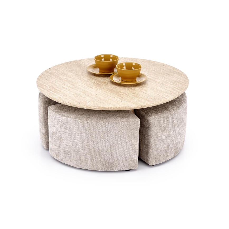 Conjunto mesa de centro NUGAT Ø 80 cm + 4x pufe travertino/cinzento