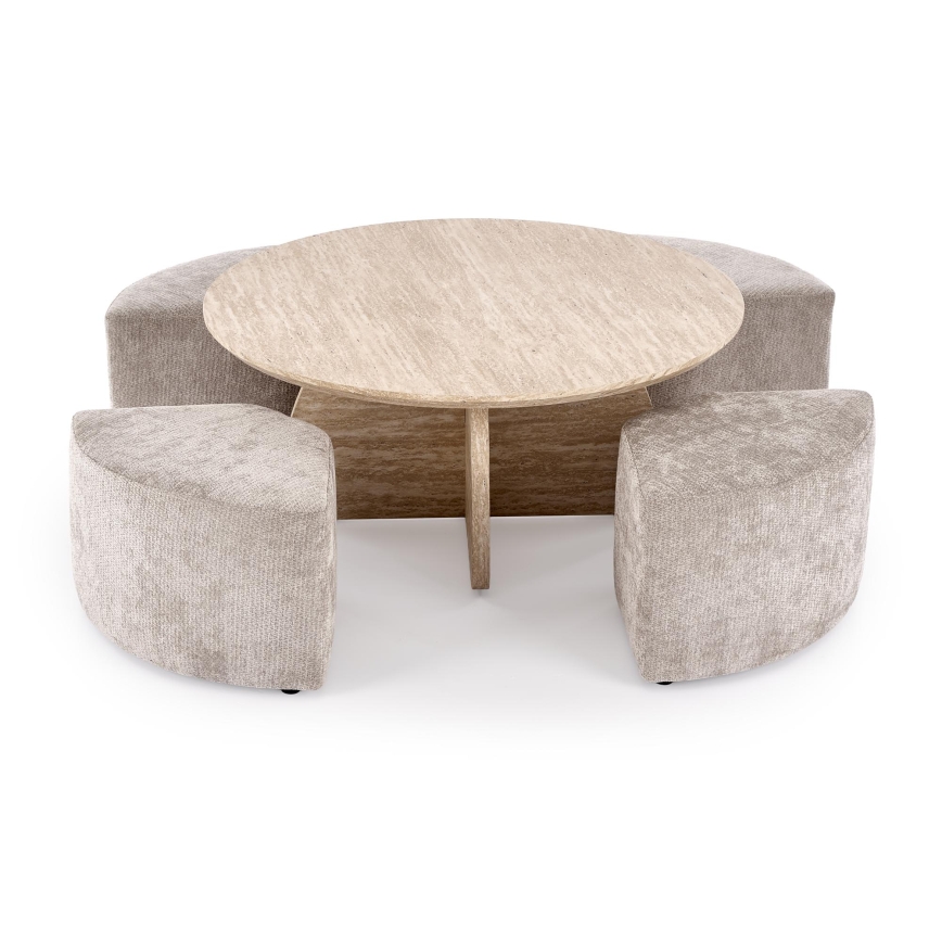 Conjunto mesa de centro NUGAT Ø 80 cm + 4x pufe travertino/cinzento