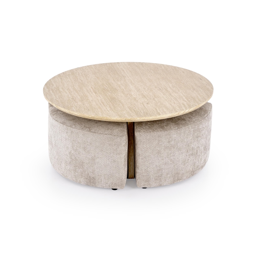 Conjunto mesa de centro NUGAT Ø 80 cm + 4x pufe travertino/cinzento