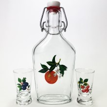 Conjunto vector - 1x grande garrafa + 2x copo para shots transparente com um motivo de fruta