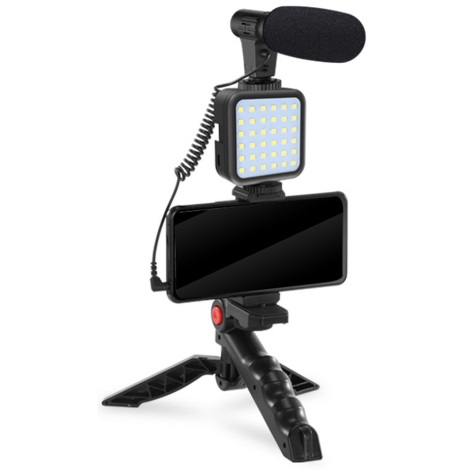 Conjunto vlogging 4 em 1 - microfone, candeeiro LED, tripé, suporte de telefone