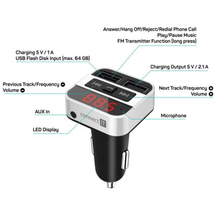 CONNECT IT CCC-8800-SL - Transmissor FM para carro com função handsfree preto/prateado