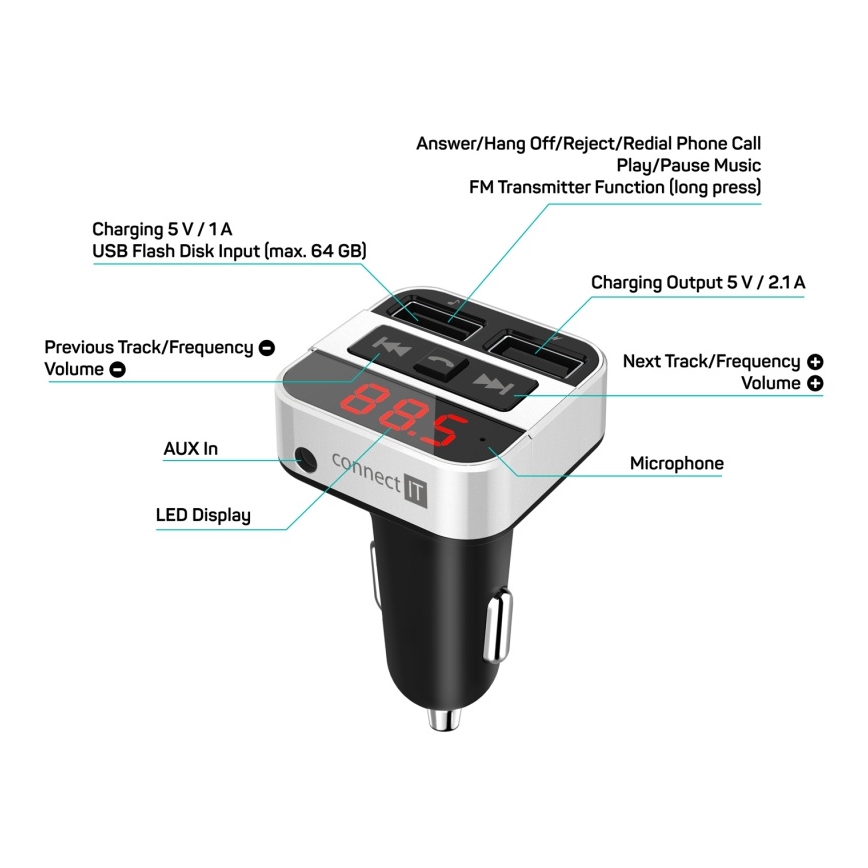 CONNECT IT CCC-8800-SL - Transmissor FM para carro com função handsfree preto/prateado