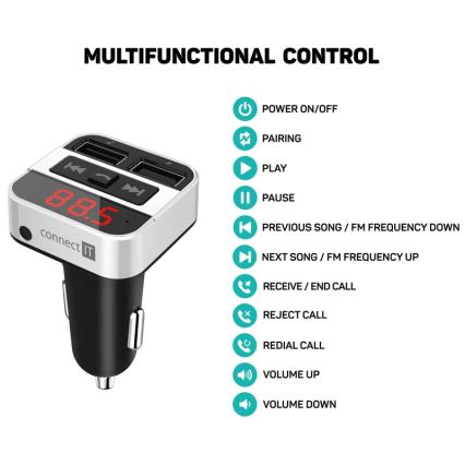 CONNECT IT CCC-8800-SL - Transmissor FM para carro com função handsfree preto/prateado