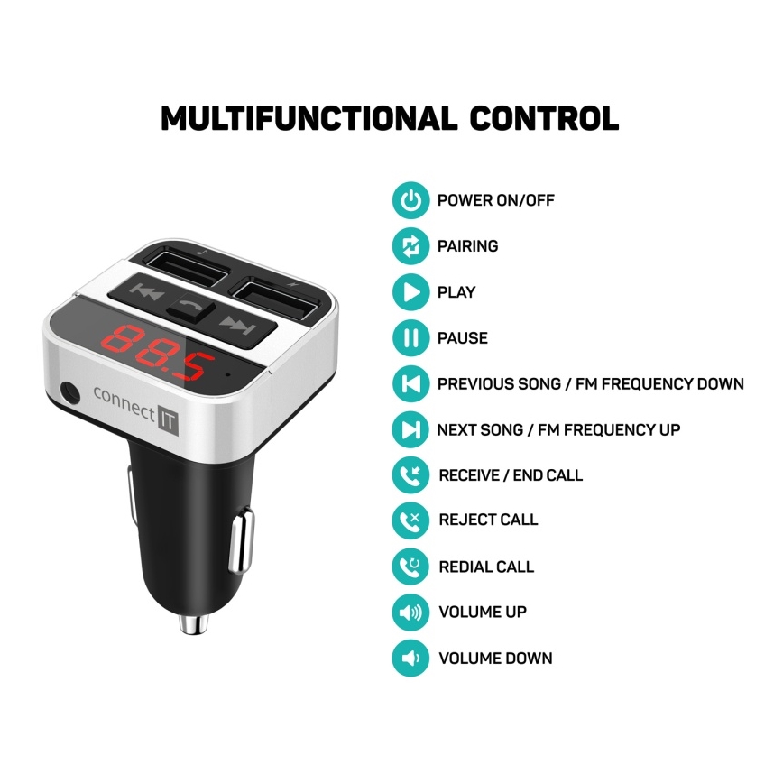 CONNECT IT CCC-8800-SL - Transmissor FM para carro com função handsfree preto/prateado