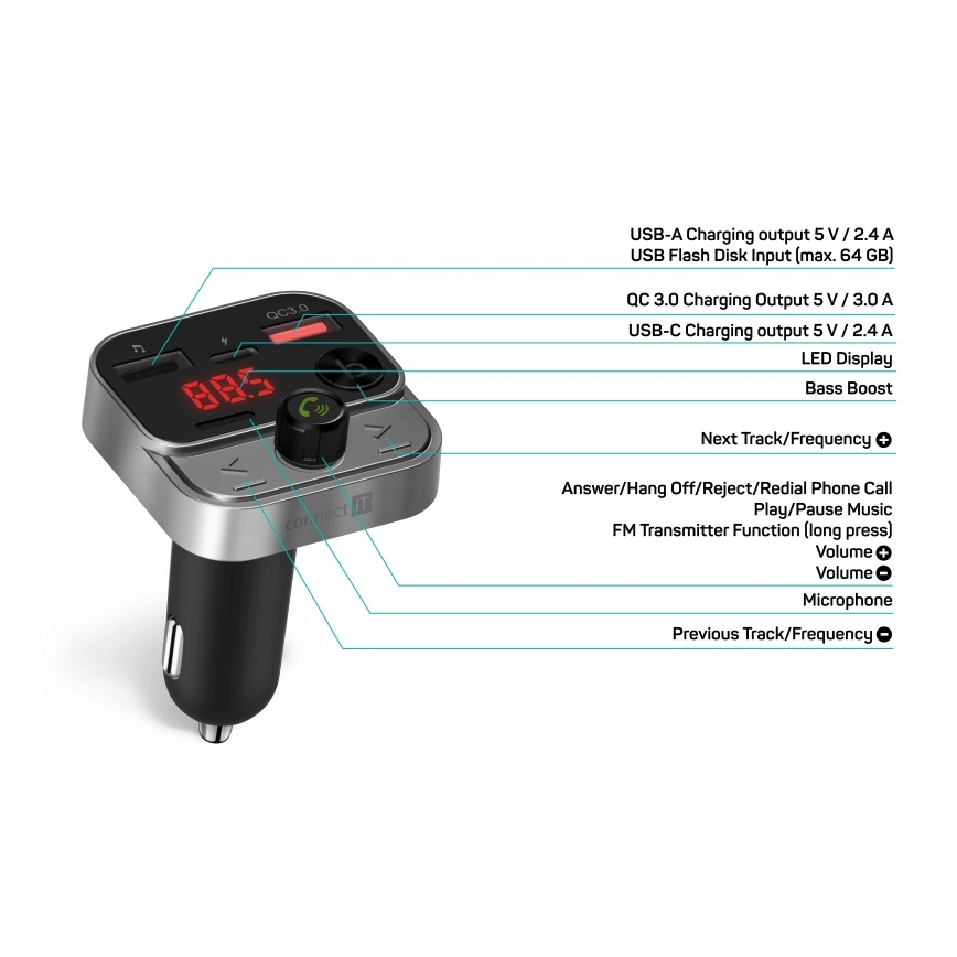 CONNECT IT CCC-8900-AN - Transmissor FM para carro com função handsfree preto/prateado