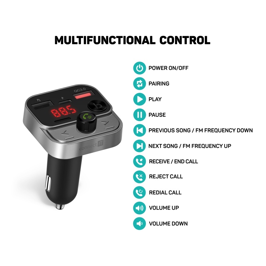 CONNECT IT CCC-8900-AN - Transmissor FM para carro com função handsfree preto/prateado