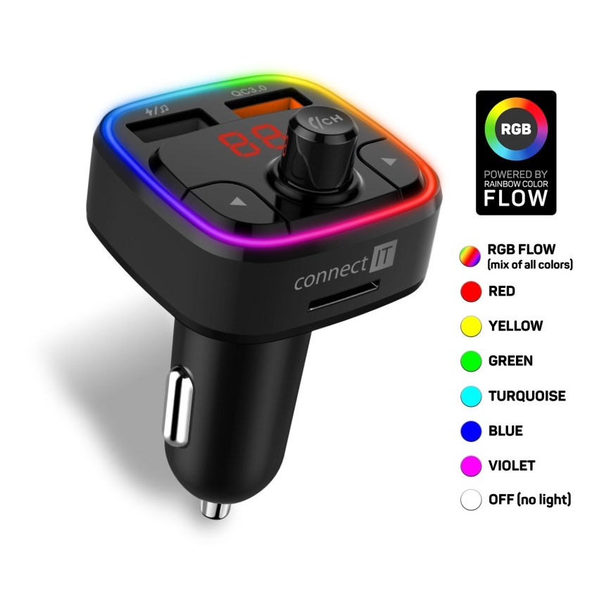 CONNECT IT CCC-9090-BK - Transmissor FM LED RGB para automóveis com função mãos-livres preto