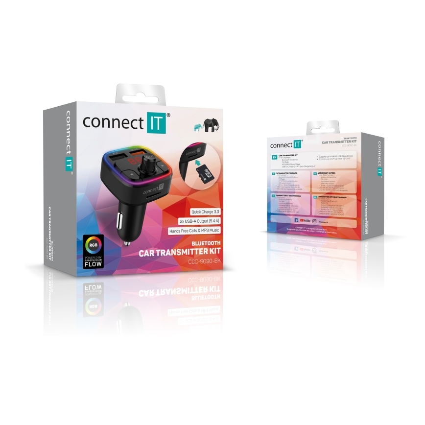 CONNECT IT CCC-9090-BK - Transmissor FM LED RGB para automóveis com função mãos-livres preto